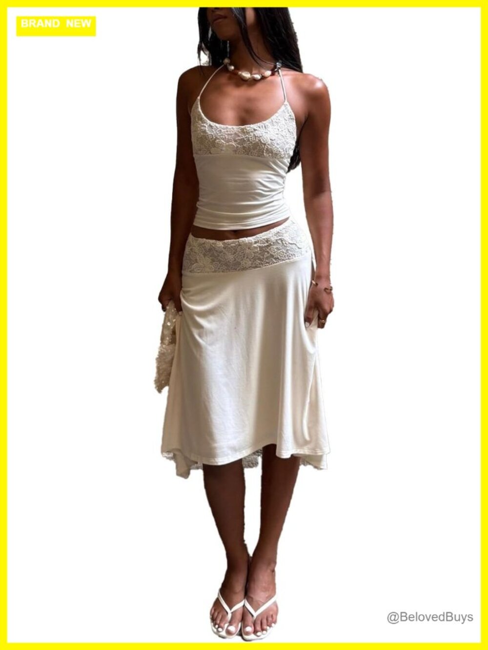 Two Piece Skirt Set Lace Patch Halter Neck Crop Top Midi Skirt